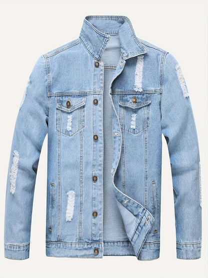 Chic Ripped Denim Jacket, Men's Casual Multi Pocket Street Style Denim Jacket