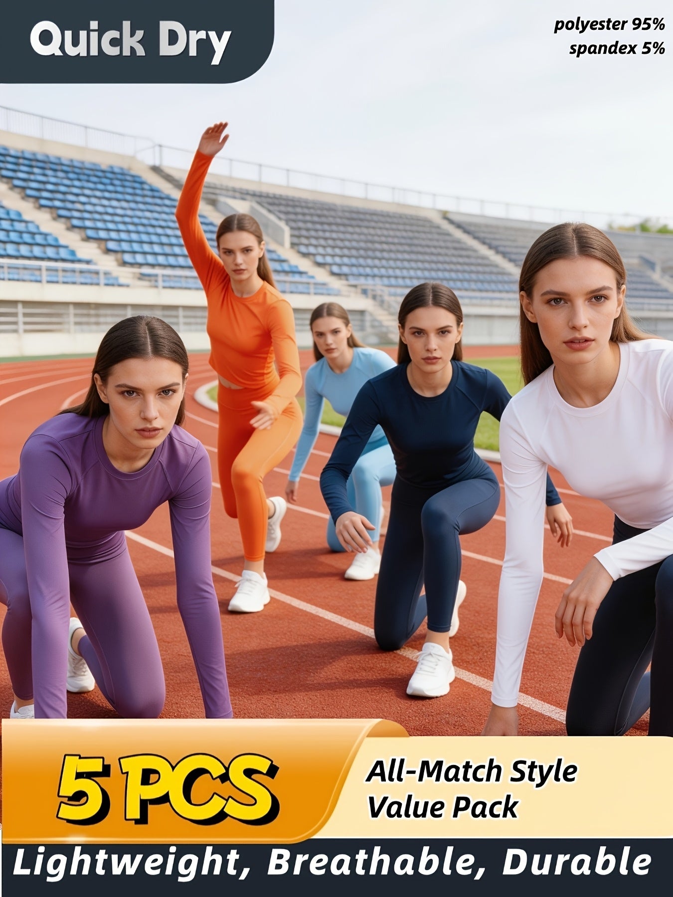 5pcs Women'S Long Sleeve T-Shirts - High Stretch, Moisture-Wicking & Breathable, Five Color Options for, Outdoor - Four Seasons Collection, Shirts, Wear, Solid Color Top, Breathable Fabric