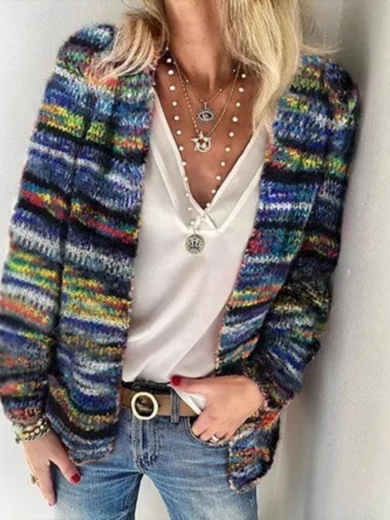 SCACTO Women'S Large Colorful Pattern Cardigan - Fun Bright Y2K Style Open Front Sweater