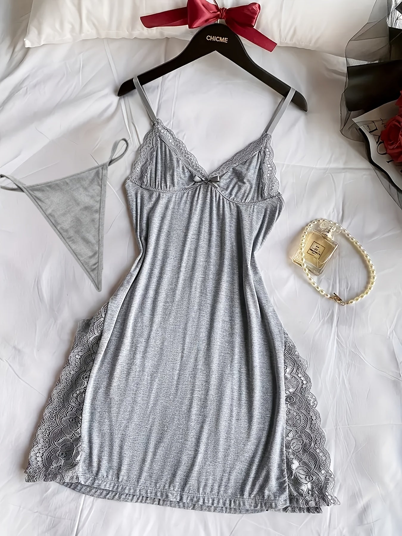 [Lace Nightdress 3pcs] 3pcs Of Women's Solid Lace Nightdress, Lace Panels, Skirt Side Slits, Sexy Lace Home Nightdress