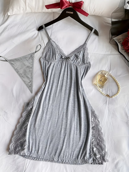 3 Women's Solid Color Lace Nightgowns, Side Split Design, Sexy Home Lace Nightgown
