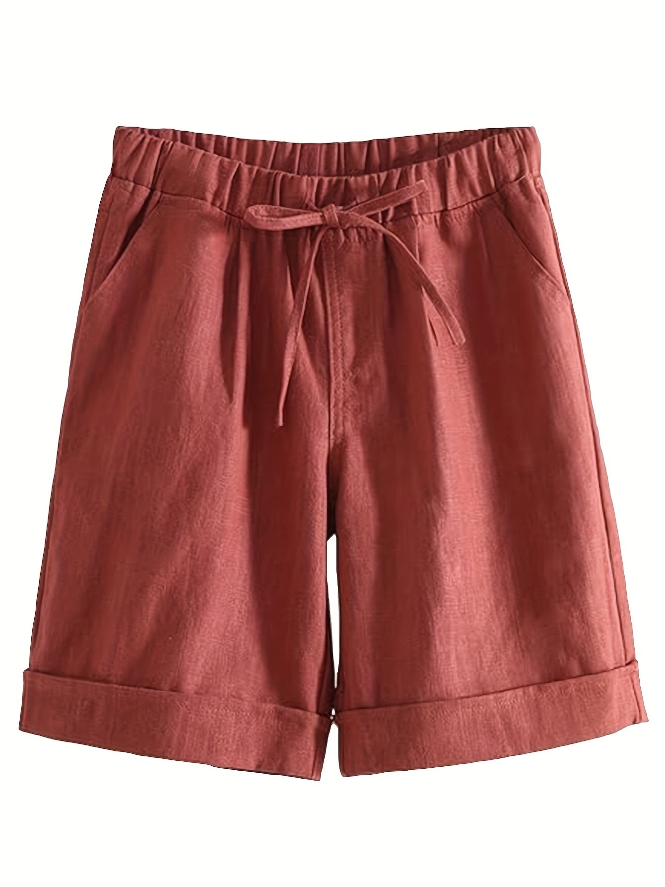 Solid Color Drawstring Comfy Shorts, Casual Rolled Hem Pocket Shorts for Spring & Summer, Women's Clothing