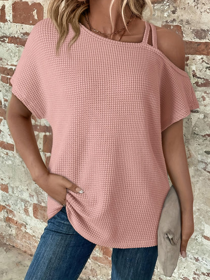 Women'S Summer Off Shoulder Waffle Short Sleeve T-Shirt Solid Color Top