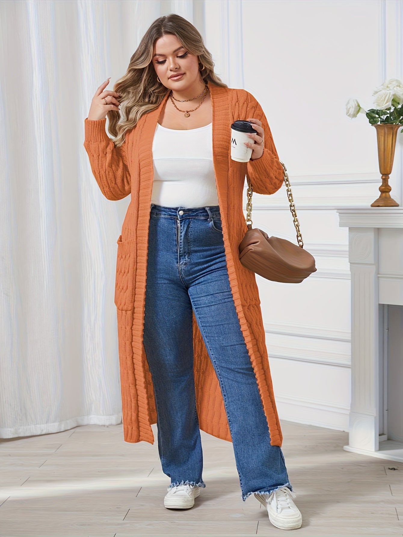 Plus Size, Large Size Twisted Flower Long Cardigan with Large Pockets, Loose Sweater Jacket for Autumn and Winter Fashion, Over the Knee for Outerwear