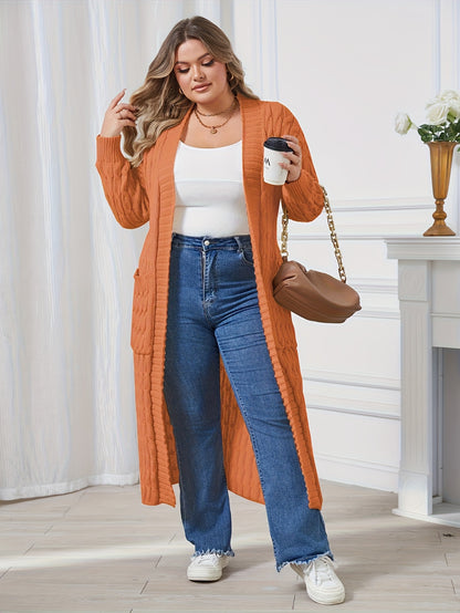 Plus Size, Large Size Twisted Flower Long Cardigan with Large Pockets, Loose Sweater Jacket for Autumn and Winter Fashion, Over the Knee for Outerwear