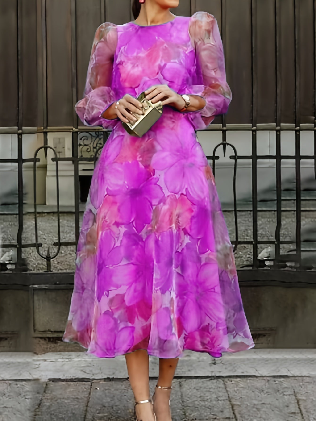 [Wedding Guest Party] Women's Floral Print Chiffon Maxi Dress - Elegant Ombre Gradient Long Sleeve Dress with Back Zipper, Wedding Guest Party Dress, Flowy Sunset Dress