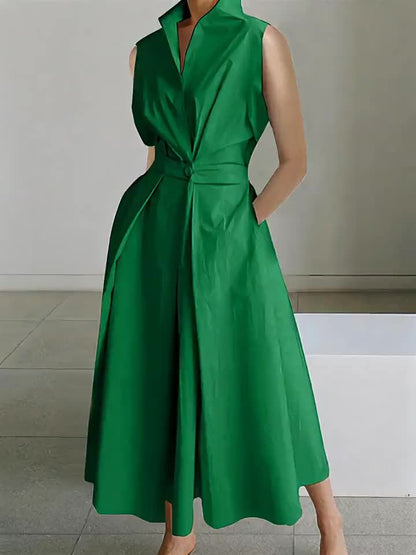 Sleeveless Solid Color Lapel Long Dresses Midi Dresses