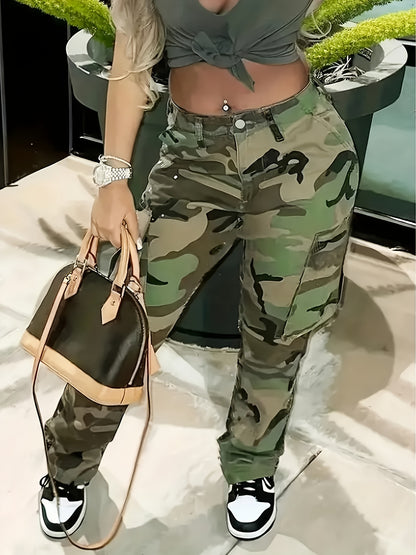 Plus Size Women'S High Waist Camo Utility Pants 1XL To 6XL Casual Wide Leg Trousers Green Camouflage Side Pocket Cargo Style Daily Commute Travel Versatile