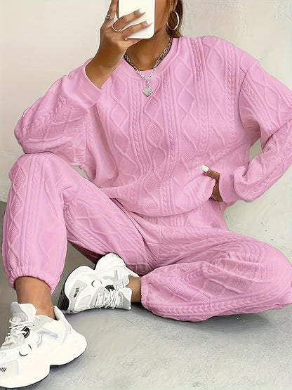 Plus Size Women's Twisted Texture Two-Piece Set, Comfortable Round Neck Top and Ankle-Length Pants Set, Autumn and Winter Casual Fashion Outfit