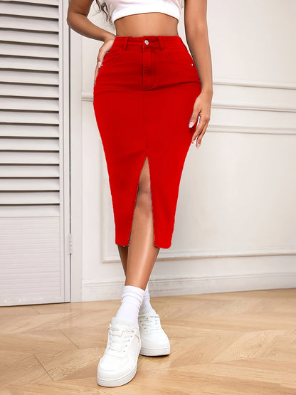 Women Red Denim Midi Skirt High Waisted Pencil Skirt Slim Fit Casual Everyday Denim Skirt with Front Slit Five Pocket Design Solid Color Classic Elegant Street Style Versatile Womens Denim Skirts for Women Knee Length Red Denim Skirts High Elastic