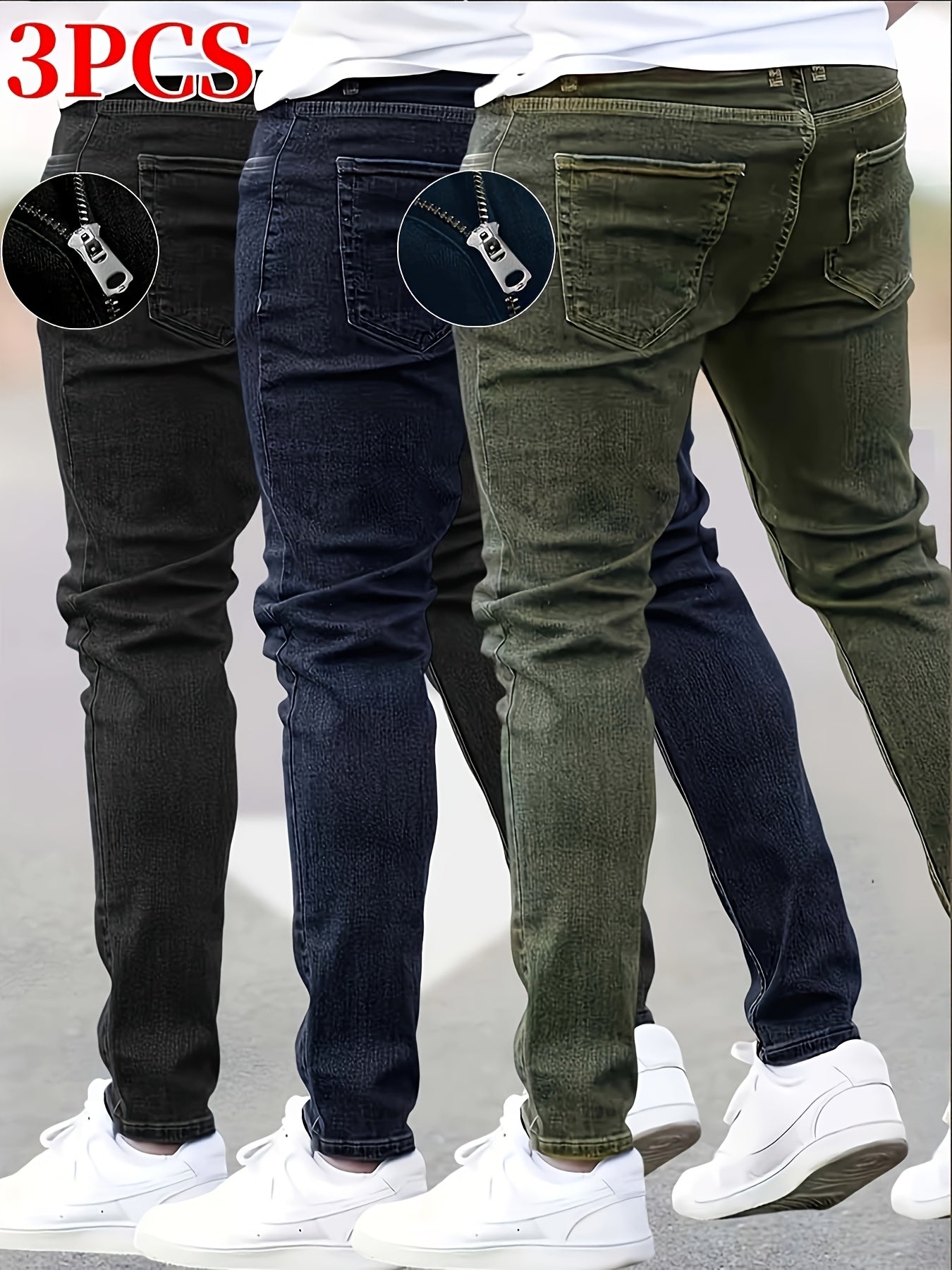 3pcs Men's Slim Fit Jeans - Heavy- Washed Streetwear Pants Suitable for All Seasons, Stretchable Basic Style with Washed, Year-Round Wear for Casual & -Casual Outfits