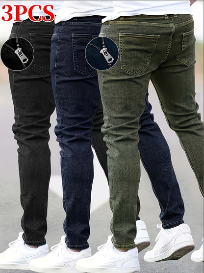3pcs Men's Slim Fit Jeans - Heavy- Washed Streetwear Pants Suitable for All Seasons, Stretchable Basic Style with Washed, Year-Round Wear for Casual & -Casual Outfits