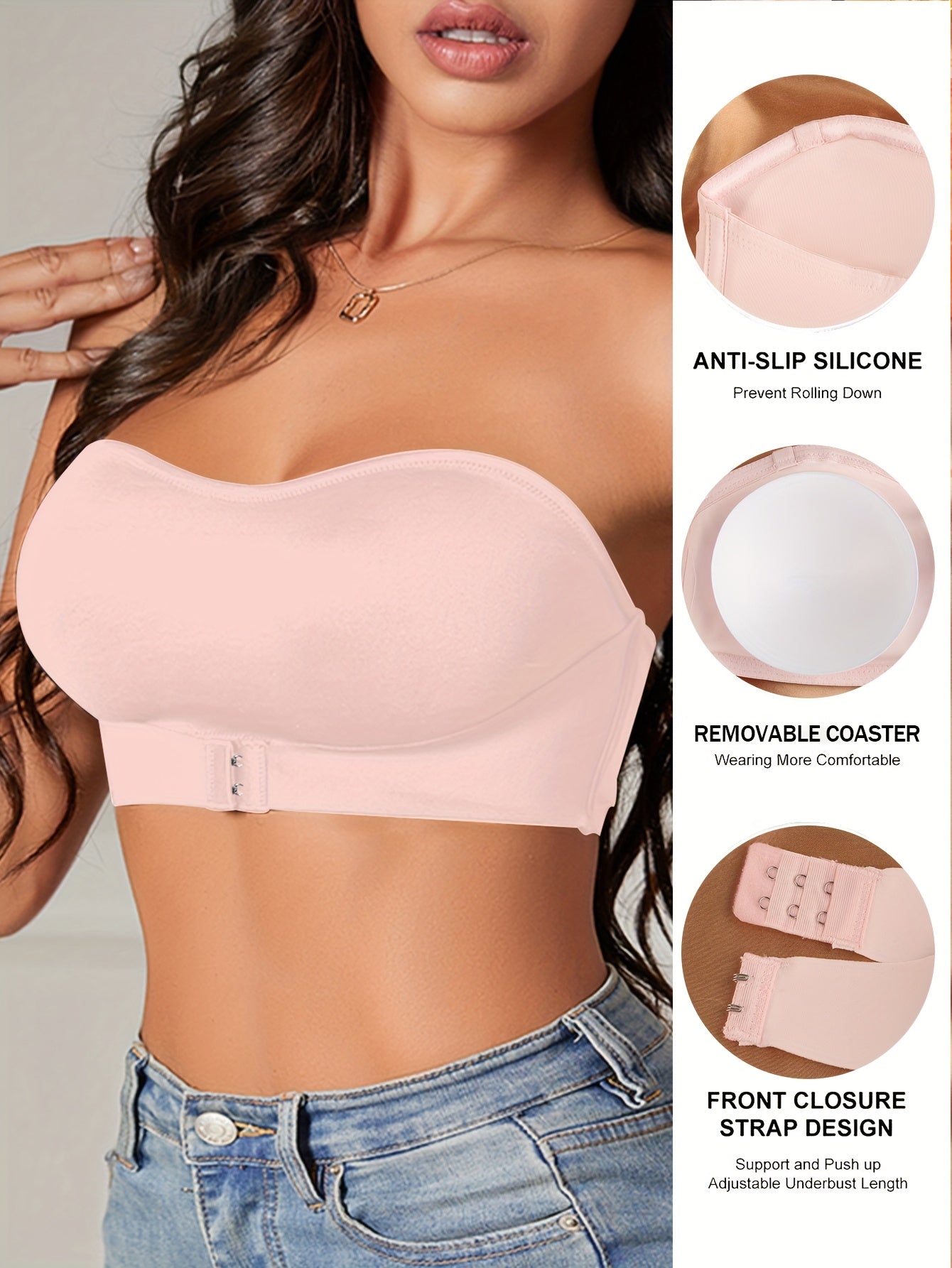 1/2/3pcs Women's Traceless Strapless Bra Set - Comfortable Without Steel Ring Thickened Design, Black, White, Meter, Pink
