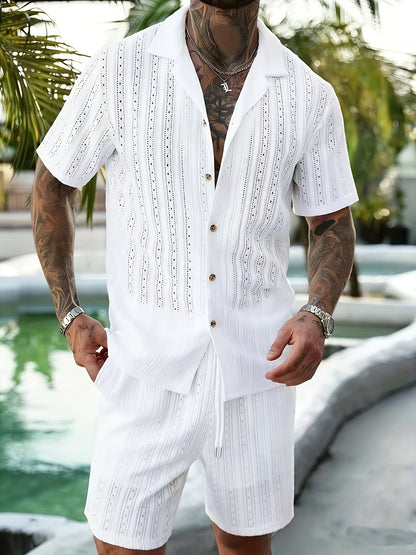 2pcs/Set Men's Solid Color Button- Hollow Shirt And Shorts Set, Vacation Solid Color Husband Casual Wear, Suitable for Vacation, Seaside Beach, Daily Leisure, Summer Wear Men Vacation Outfits Men 2pcs Outfits Summer, Cozy Outfits