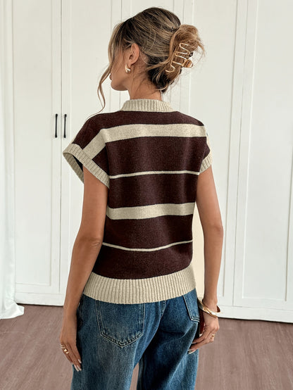 Women'S Striped Sweater - Fall/Winter Cozy, Short Sleeve, Trendy Chic, Breathable Knitwear, Ideal for Casual Fridays, Coffee Dates, Outdoor Gatherings