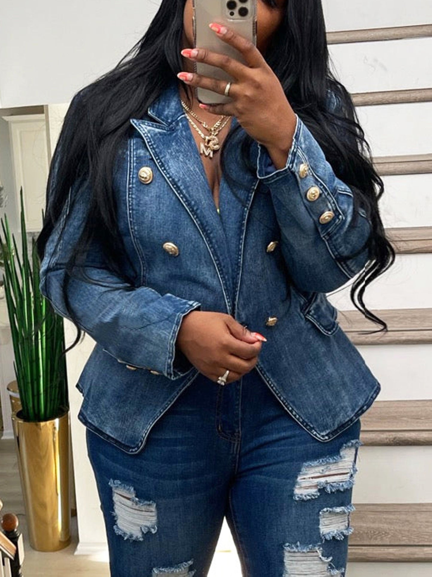[Business Casual Blazer] Blazers for Women Business Casual Denim Long Sleeves Lapel Double Breasted Jacket