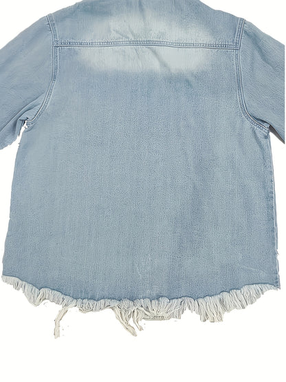 2026 New Women's Plus Size Vintage Distressed Denim Jacket, Long Sleeves, Asymmetrical Hem, Classic Neckline And Frayed Edge Details, All-season Machine Washable Casual Jacket, European And American Casual Hole Loose Top.