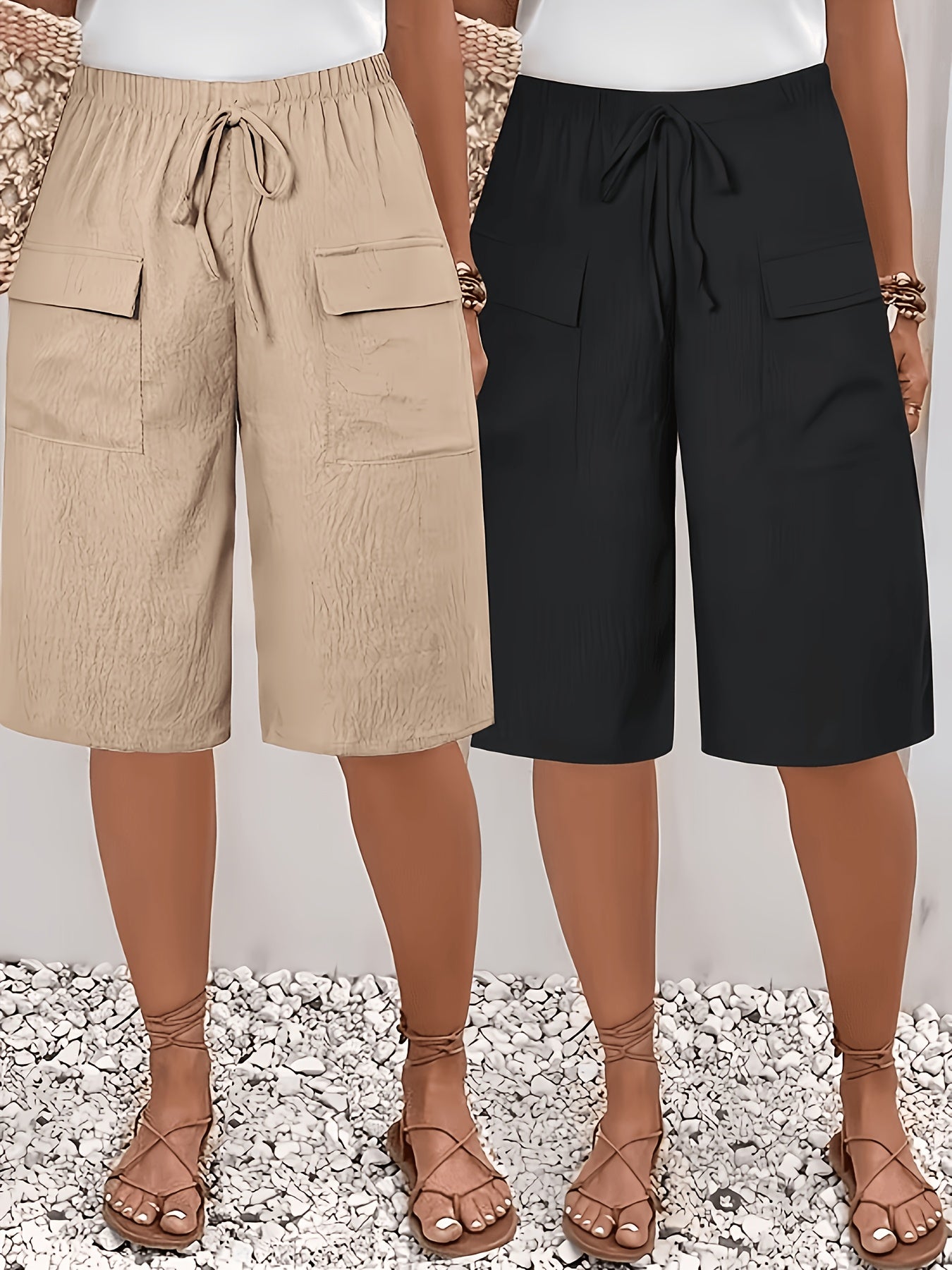 Women's Khaki + Black Polyester Shorts - product view 1