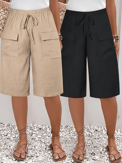 Women's Khaki + Black Polyester Shorts - product view 1