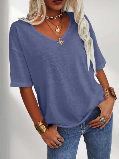 Women Fashion V-Neck Half Sleeves Oversized T Shirt Solid Casual Loose Basic Tops