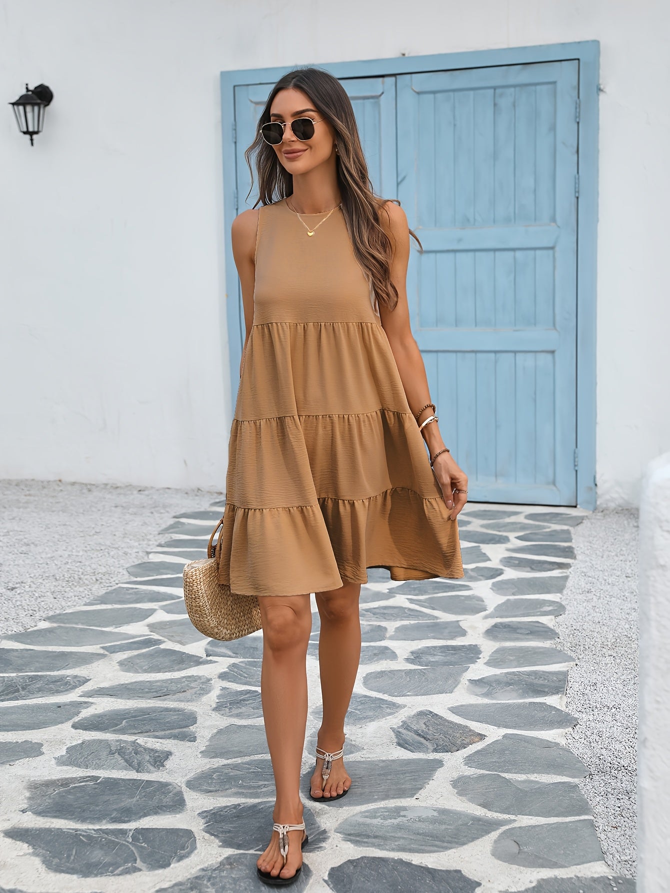 Round Neck Loose Big Swing Patchwork Cake Dress, Casual Solid Color Sleeveless Waist Summer Dresses