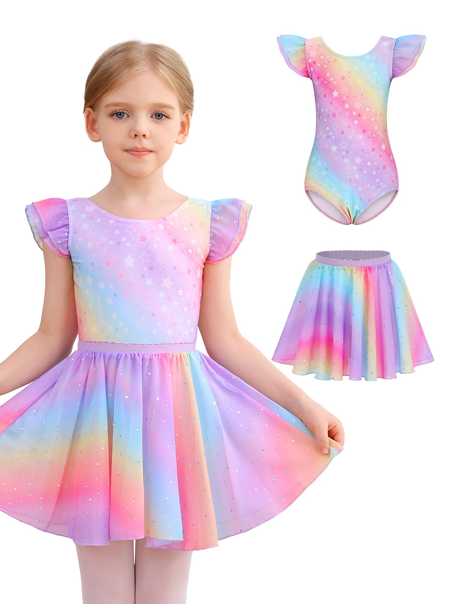 Summer New Kids' Dress, 1pc Of Gym Uniform, 1pc Of Skirt Set, Girls' Clothing Rainbow Flutter Sleeve Sequin Chiffon Dress Set, Children's Clothing Ballet Leotard, Perfect for Outdoor