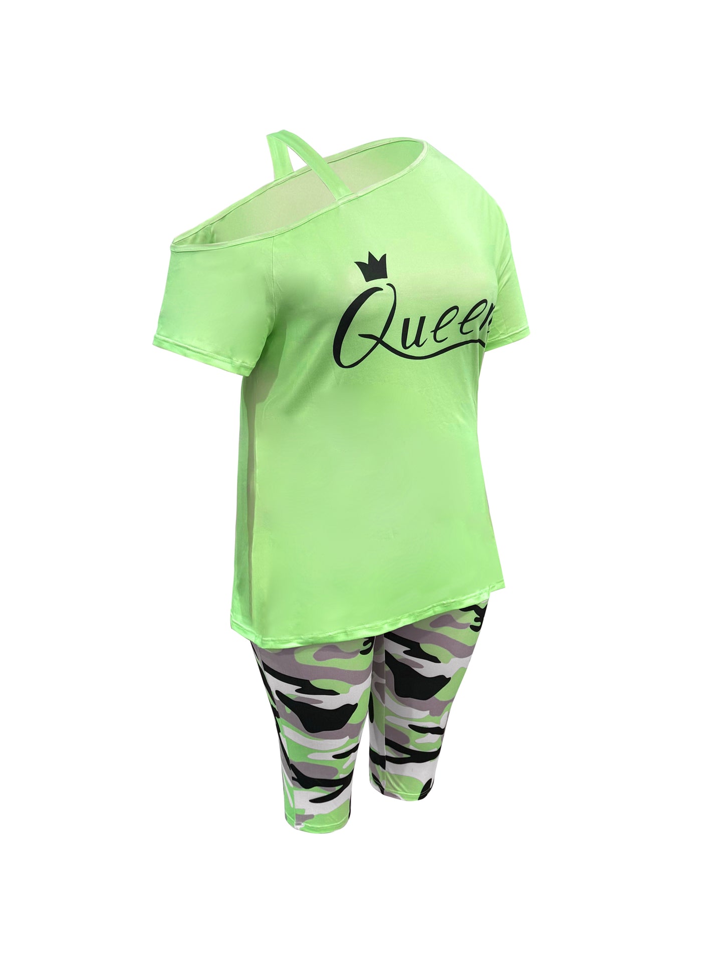 Plus Size - Ladies Plus Size Daily Casual One-Shoulder Short Sleeve Two-Piece Outfit, Diagonal Shoulder Design, Slim Fit Camouflage Pants Suit With Letter Print.