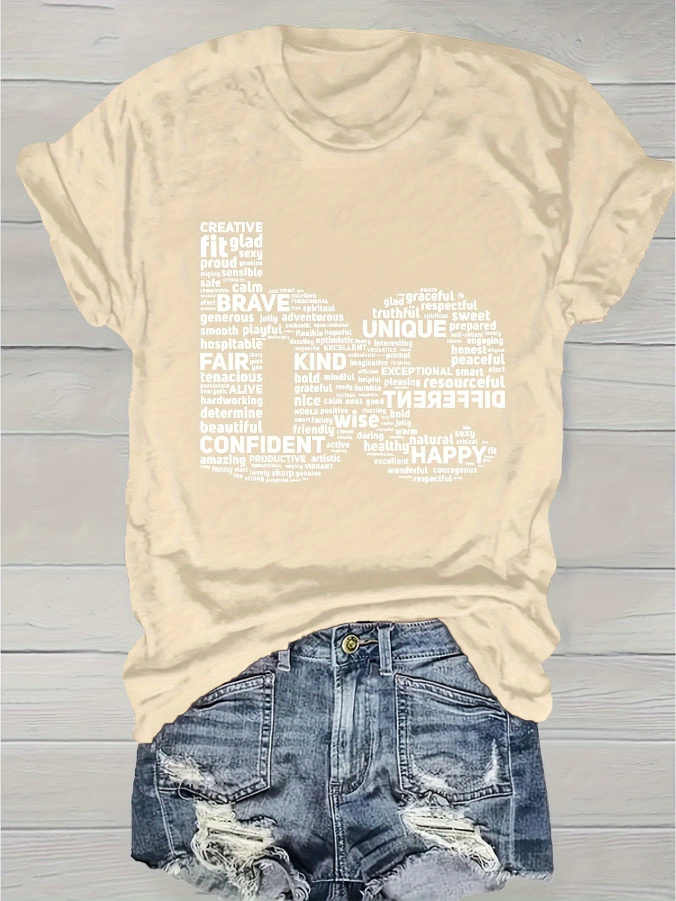 Women's Inspirational Word Cloud Print T-Shirt - Soft Breathable Round Neck Short Sleeve, Light Grey with Positive Affirmations, Medium Stretch Casual Top for Spring Summer Daily & Party Wear, Machine Washable