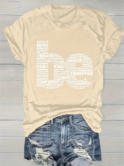 Women's Inspirational Word Cloud Print T-Shirt - Soft Breathable Round Neck Short Sleeve, Light Grey with Positive Affirmations, Medium Stretch Casual Top for Spring Summer Daily & Party Wear, Machine Washable