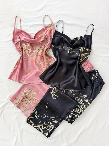 [Four-Piece Pajamas Set] Women's Elegant Small Cherry Print, Wearable in All Seasons, Pile Collar Suspenders Long Pajamas Set, Comfortable Four-Piece Set