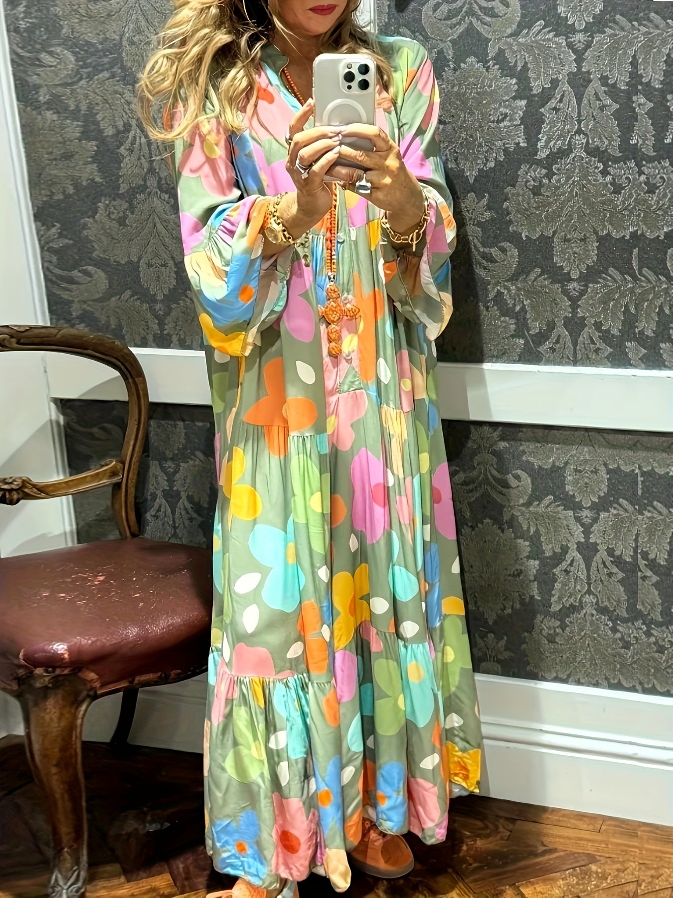 Women Floral Print Boho V Neck Maxi Dress, Layered Design, Button Closure, 3/4 Flared Ruffle Sleeves, Super Loose Fit