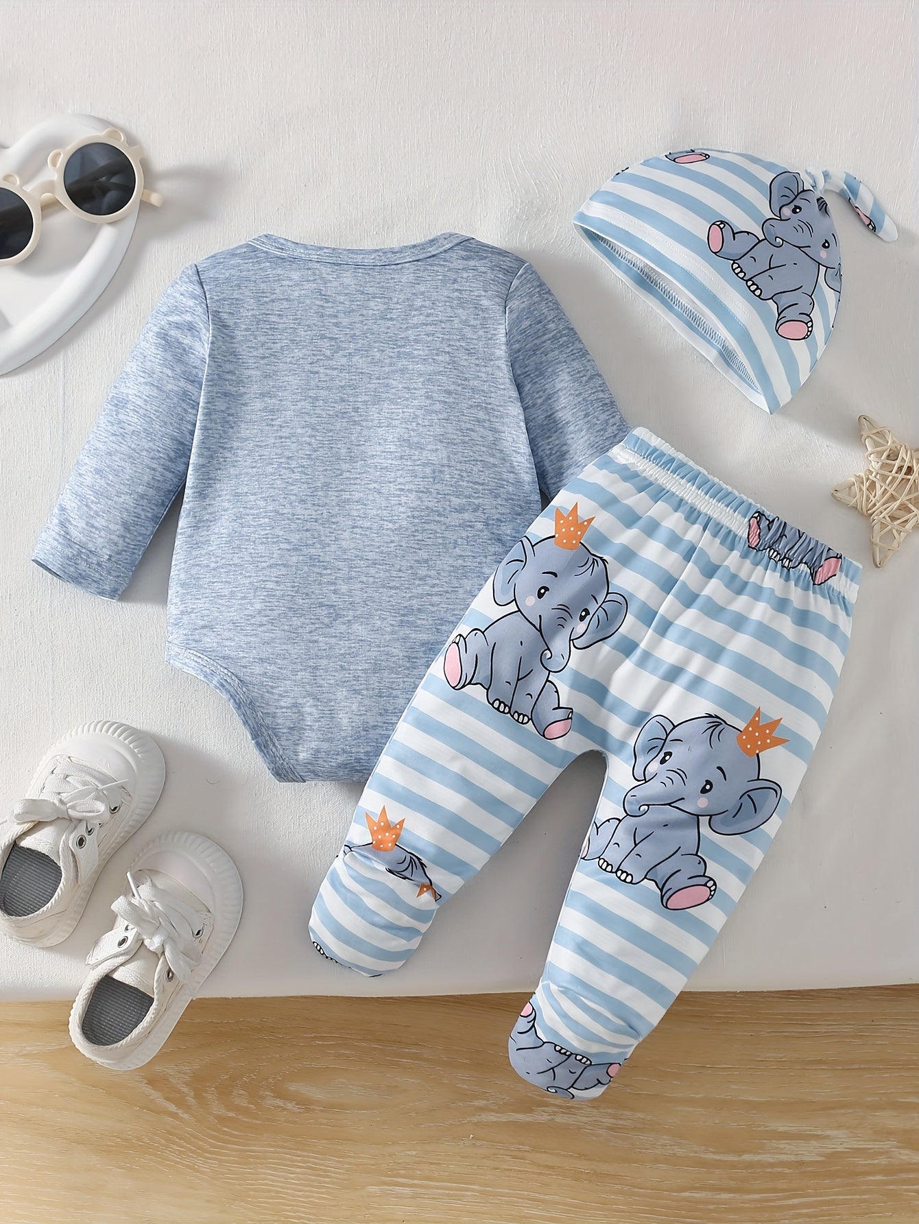 3pcs Baby Boy Newborn Spring And Autumn New Crown Cartoon Elephant with Shoulder Long Sleeved Jumpsuit&elastic Striped Cute Cartoon Elephant Full Print Panties&hat Set Suitable for Outdoor Clothing, Perfect for Outdoor