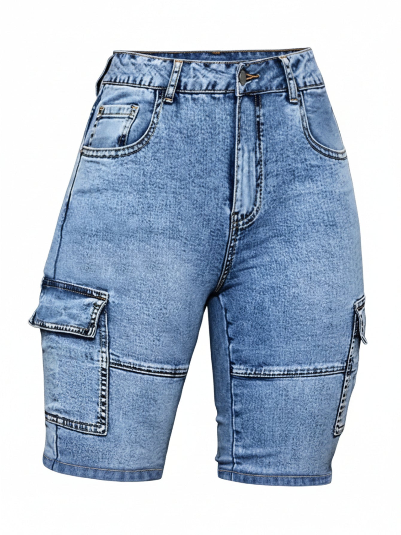 Women'S Multi-Pocket Blue Denim Shorts - Slim Fit with Stretch And Side Pockets, Machine-Washable Comfortable Casual Pants, Suitable for Both Everyday And Formal Outfits, Perfect for Summer Outings