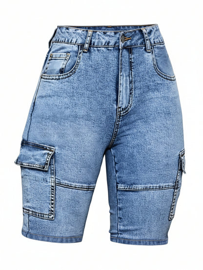 Women'S Multi-Pocket Blue Denim Shorts - Slim Fit with Stretch And Side Pockets, Machine-Washable Comfortable Casual Pants, Suitable for Both Everyday And Formal Outfits, Perfect for Summer Outings