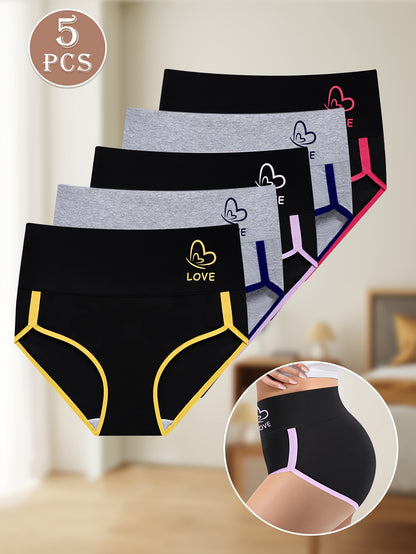5pcs MIOTAN Women'S High Waist Panties, All Seasons Spring Summer Ultra-Soft Breathable Hip-Fit Briefs, Contrast Color Waist Shaping Tummy Control For Daily Home Office Wear | Ideal Gift For Festival Birthday