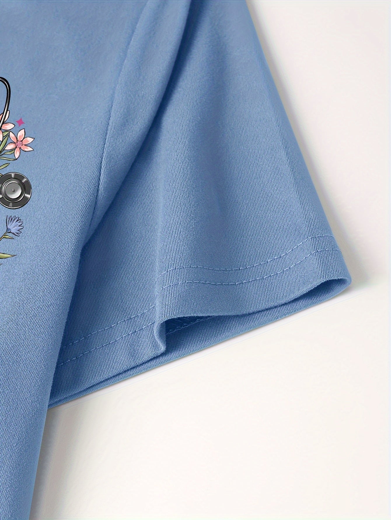 Women'S Elegant Floral Stethoscope Print V-Neck Scrub Top, Polyester Knit Fabric with Medium Stretch, Short Sleeve Nurse Uniform with Pockets, All-Season Loose Fit Pullovers