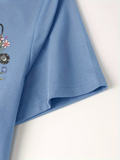 Women'S Elegant Floral Stethoscope Print V-Neck Scrub Top, Polyester Knit Fabric with Medium Stretch, Short Sleeve Nurse Uniform with Pockets, All-Season Loose Fit Pullovers