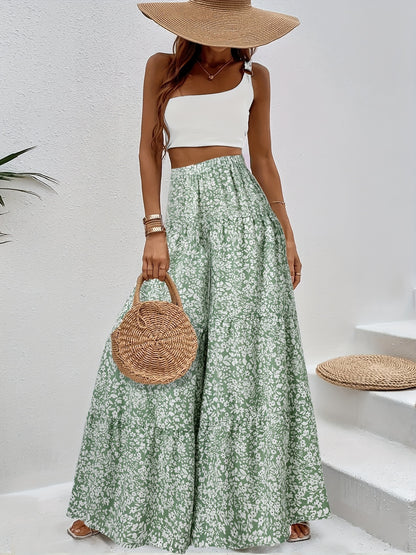 Women'S Summer Floral Print Wide-Leg Pants with Elastic Waist - High-Waisted, Flowy Design, White & Black Leaf Pattern, Perfect for Vacation or Casual Outings, Vacation Outfit | Floral Print Pants | Texture