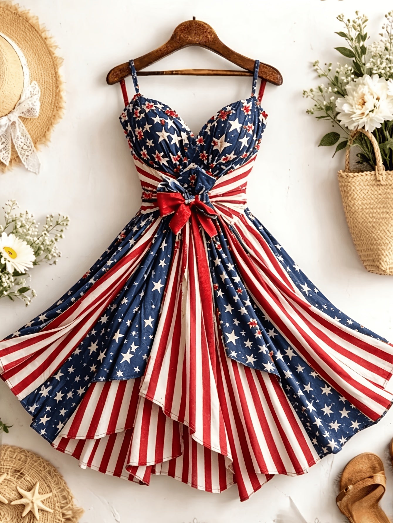 [Independence Day Style] Women's Retro Independence Day Style Camisole V-Neck Padded A-Line Waist Belted Fashion Dress