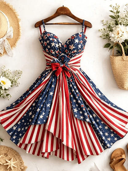 [Independence Day Style] Women's Retro Independence Day Style Camisole V-Neck Padded A-Line Waist Belted Fashion Dress