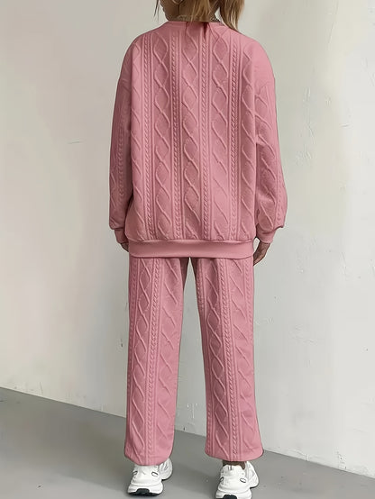 Women's Casual Pullover Two-piece Set, Suitable for Spring And Autumn, Consisting Of A Textured Long-sleeved Top And Jogging Pants