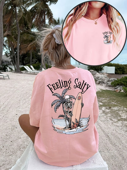 Plus Size - Women'S Large-Size Casual Loose Round-Neck Short-Sleeve T-Shirt - "FEELING SALTY" Surf Skull Pattern Print, High-Elasticity Machine Washable Summer Beach Top, Beach Vacation Attire, Women'S Plus Size T-Shirt