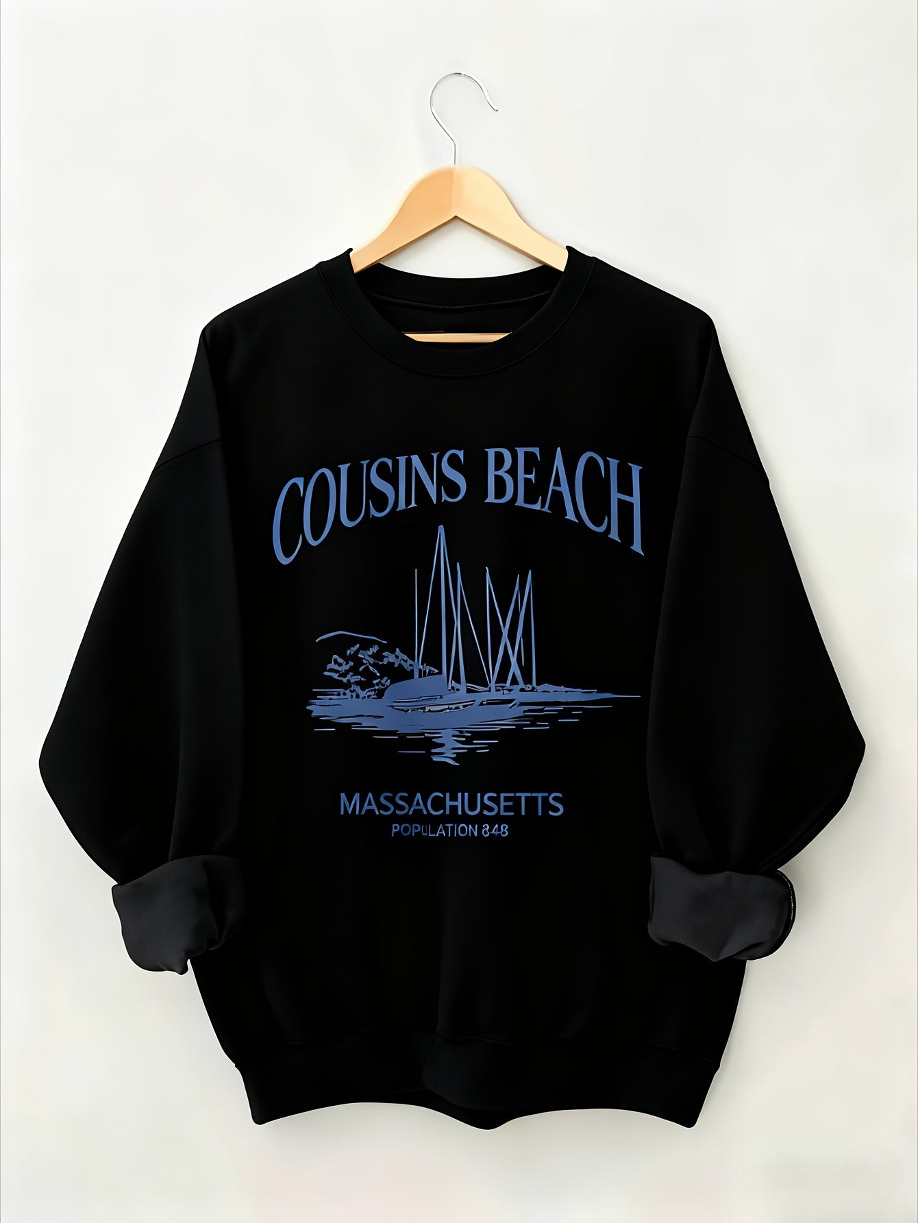 Women's Fashion Sweatshirt with Blue Letter Print, Soft Fabric, Machine Washable