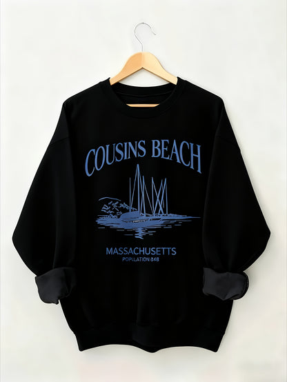 Women's Fashion Sweatshirt with Blue Letter Print, Soft Fabric, Machine Washable