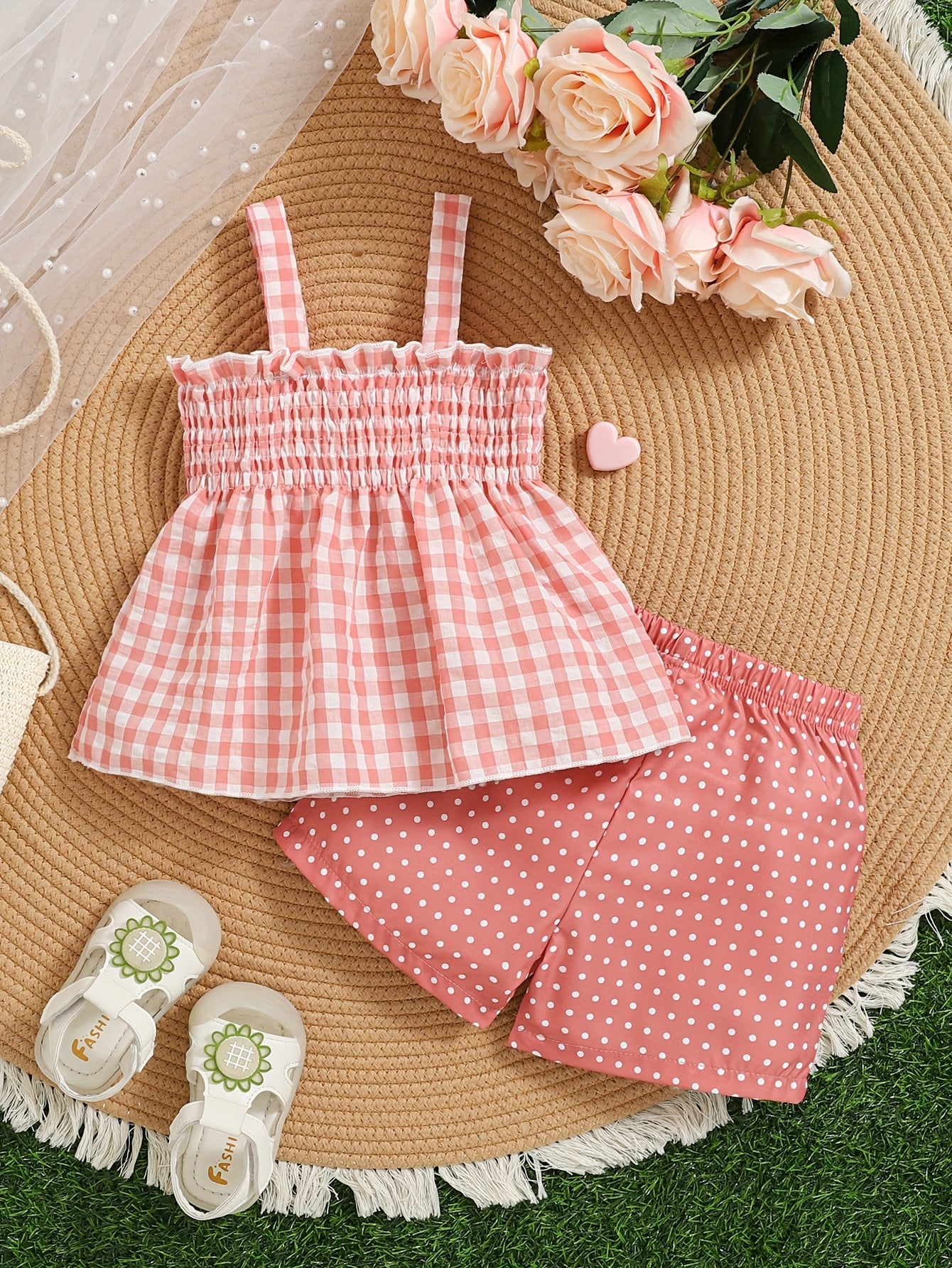 Set of 2 Girls' Outfits for Spring And Summer: a Gingham Dress with a Strawberry Print And Bow, Paired with Red Polka Dot Shorts. This Casual Set Is Machine Washable And Ideal for Toddlers, Featuring a Comfortable Spandex Design, for Outdoor