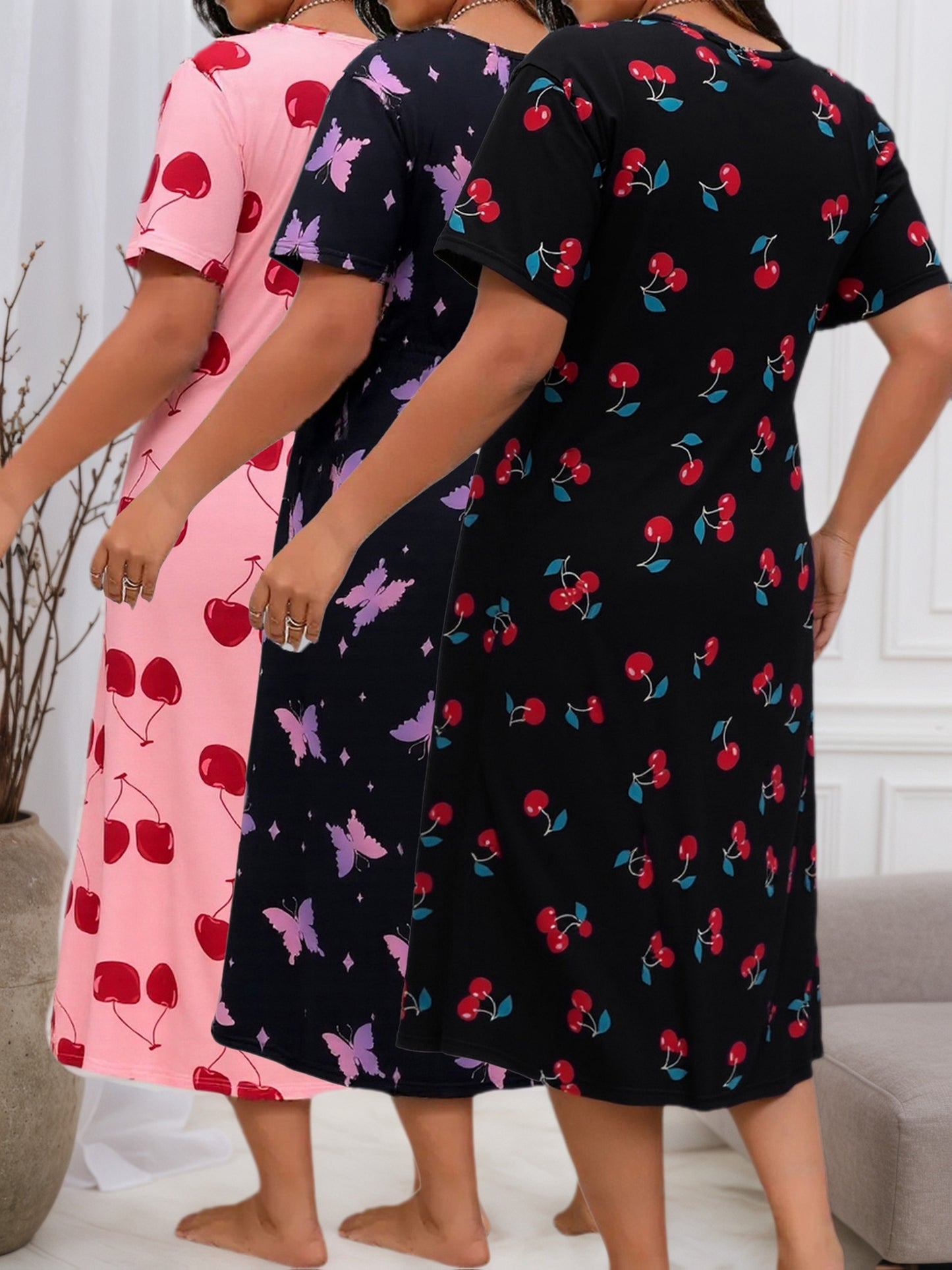 Plus Size Women'S Three-piece Short-sleeved Dress With Casual Loose Crewneck Fabric, Color-block Design, Slight Stretch, Spring, Summer, Autumn Night Nightdress Holes, Maternity Dress Nightdress