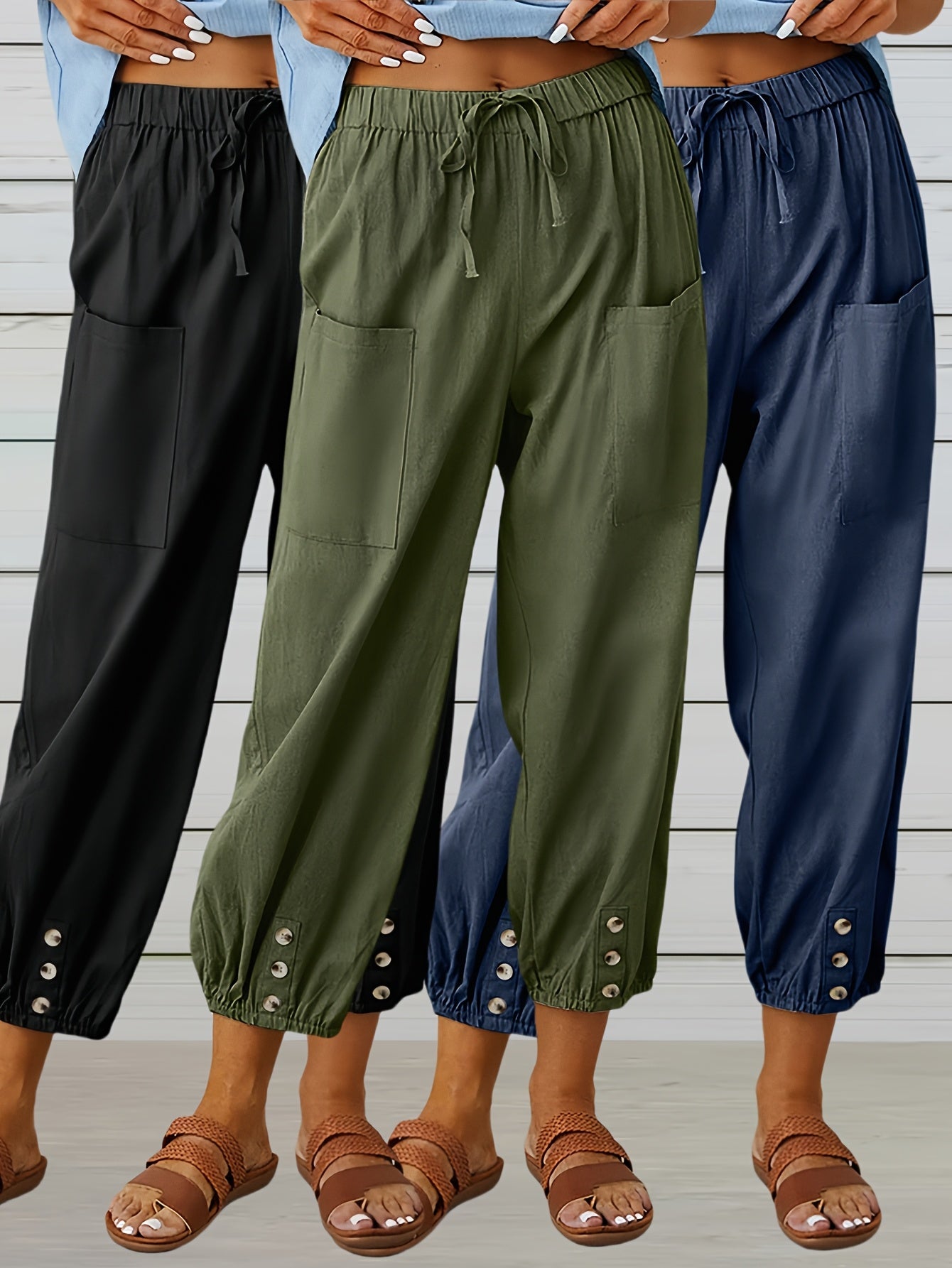 3pcs Spring Summer Autumn Women Thin High-waist Elastic Comfortable Loose Pants, False Button Leg Yoga Pants, Fashion Casual Pants