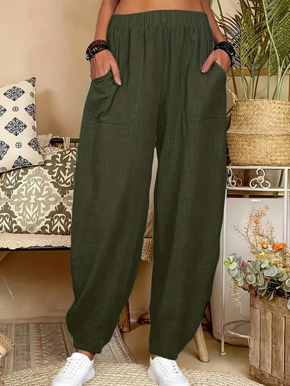 4pcs Women'S Casual Lightweight Harem Pants with Elastic Waist And Side Pockets - Breathable, Loose Fit, All-Season Wear, Black/Green/Brick Red/Khaki Solid Color, Machine Washable