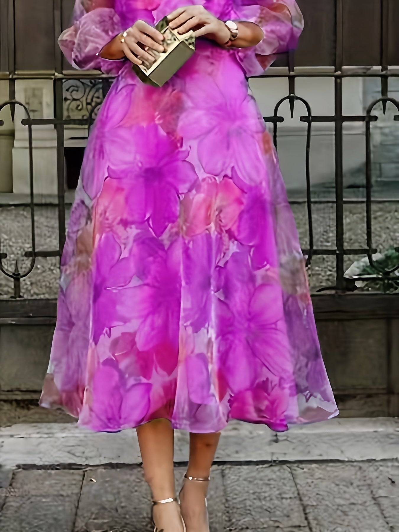 [Wedding Guest Party] Women's Floral Print Chiffon Maxi Dress - Elegant Ombre Gradient Long Sleeve Dress with Back Zipper, Wedding Guest Party Dress, Flowy Sunset Dress