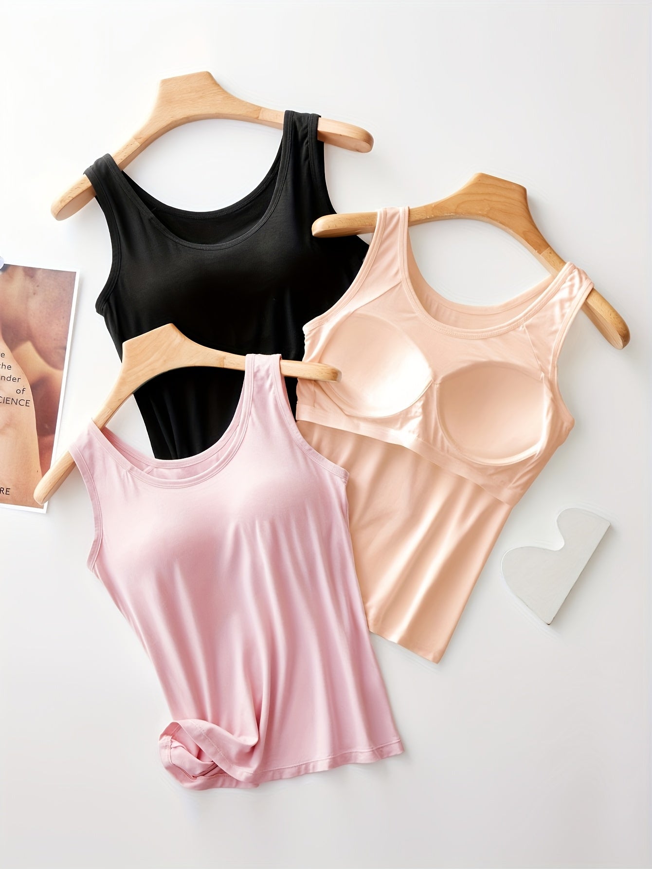 3pcs Pack Women's Vest, Built-in Bra, Seamless Design, Yoga And Casual Layering Undershirt, Layering Base - Suitable for Summer, Vacation, Beach Party Outerwear Solid Colors, Black & Pink & Apricot
